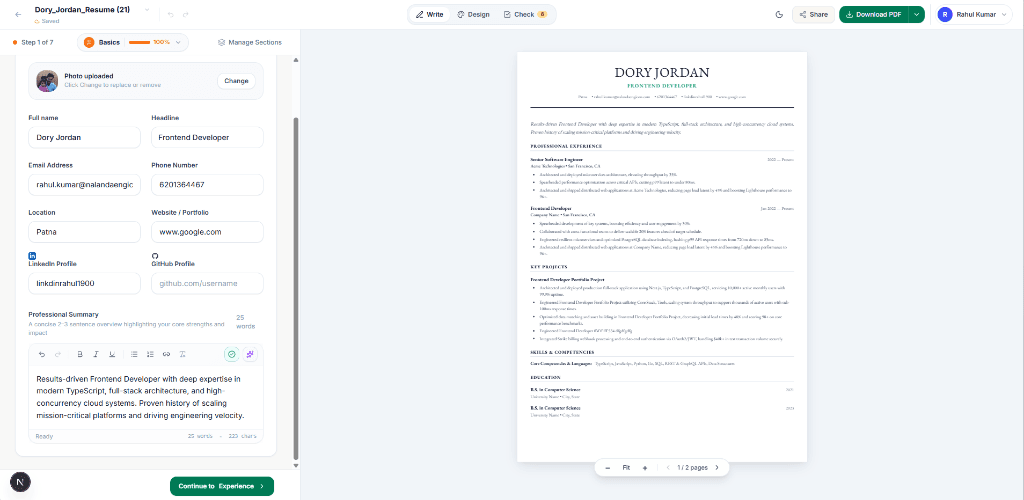 ResumeBuilder Live Editor Split Screen: Real-Time Form Controls and Vector A4 Preview